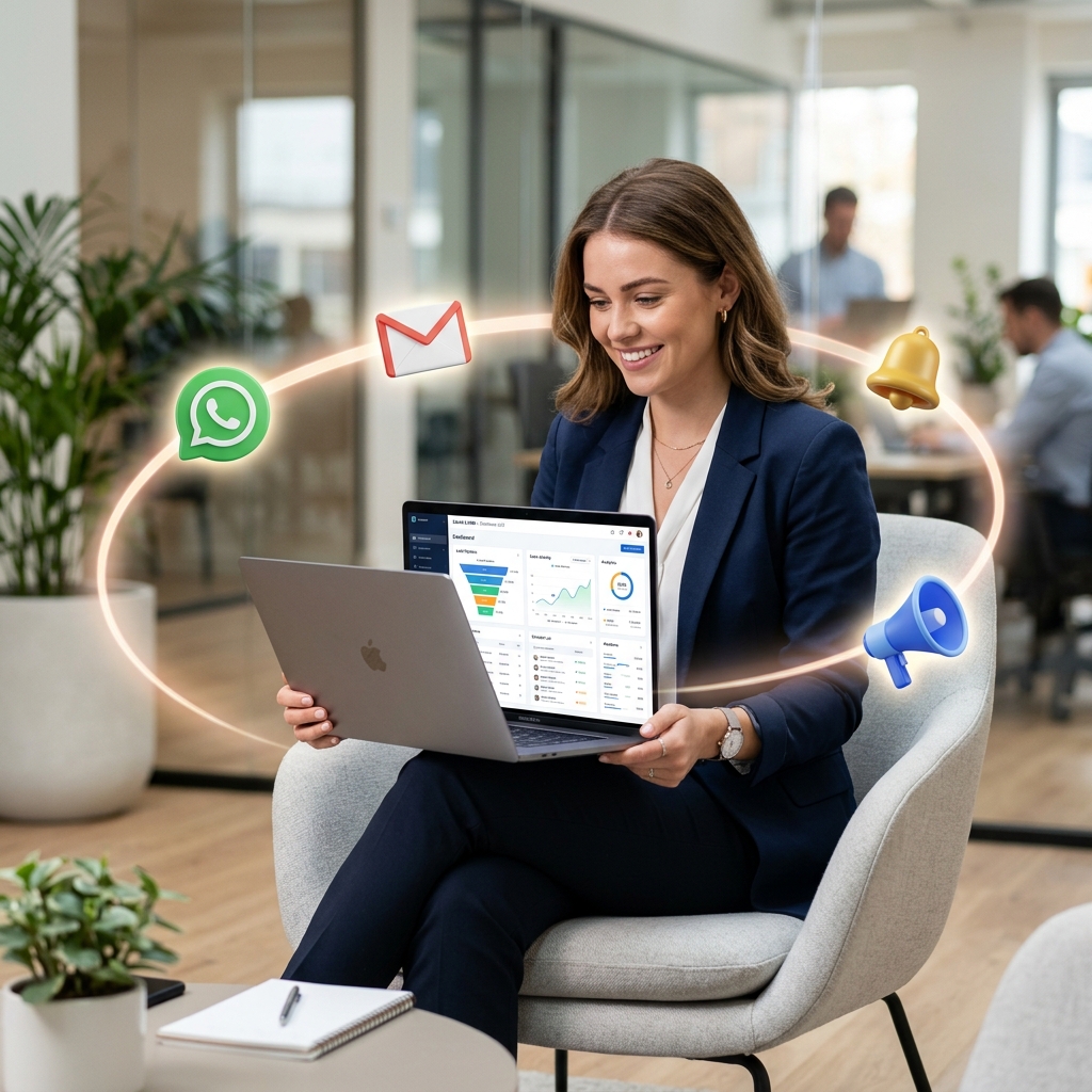 Professional Marketer with CRM Laptop and Social Icons